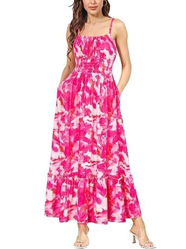 SHEKINI Sommerkleider Damen Schulterfrei Kleid Sommer Blumenkleid Ärmelloses Casual Kleid Lang Elegant Spaghettiträger Freizeitkleider mit Taschen von SHEKINI