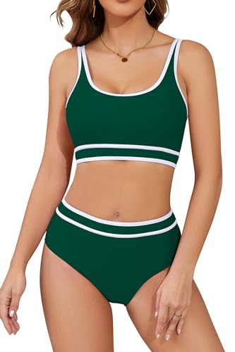 SHEKINI Speed Bikini Set Damen Zweiteiler Badeanzug Fitness sportliche Bademode für Frauen Schwimmbikini Sport Zweiteiler Bustier Schwimmbad Pool(L, Grün+Weiß) von SHEKINI