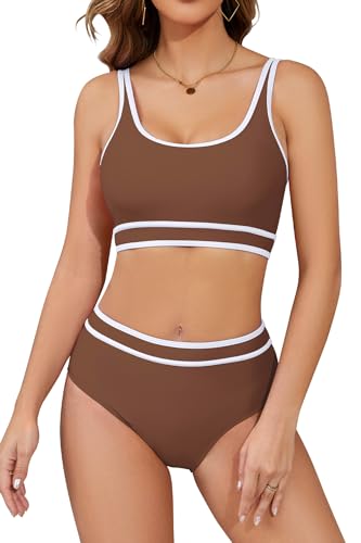 SHEKINI Speed Bikini Set Damen Zweiteiler Badeanzug Fitness sportliche Bademode für Frauen Schwimmbikini Sport Zweiteiler Bustier Schwimmbad Pool(L, kupferbraun) von SHEKINI
