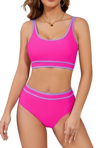 SHEKINI Speed Bikini Set Damen Zweiteiler Badeanzug Fitness sportliche Bademode für Frauen Schwimmbikini Sport Zweiteiler Bustier Schwimmbad Pool（L，Rosa） von SHEKINI