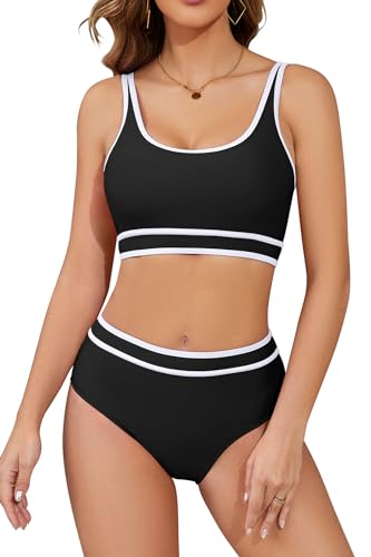 SHEKINI Speed Bikini Set Damen Zweiteiler Badeanzug Fitness sportliche Bademode für Frauen Schwimmbikini Sport Zweiteiler Bustier Schwimmbad Pool（L，Schwarz） von SHEKINI