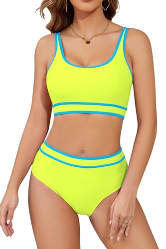 SHEKINI Speed Bikini Set Damen Zweiteiler Badeanzug Fitness sportliche Bademode für Frauen Schwimmbikini Sport Zweiteiler Bustier Schwimmbad Pool(S, Fluoreszierendes Gelb+Blau) von SHEKINI