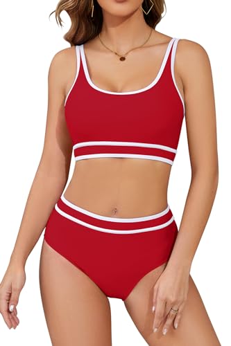 SHEKINI Speed Bikini Set Damen Zweiteiler Badeanzug Fitness sportliche Bademode für Frauen Schwimmbikini Sport Zweiteiler Bustier Schwimmbad Pool(S, Rot+Weiß) von SHEKINI