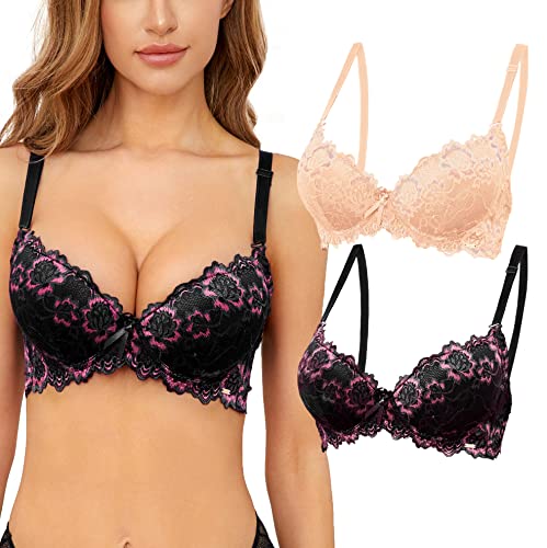 SHEKINI Spitzen-BH für Damen mit Bügel Push Up Bra Feste Polsterung Eleganter Komfort BH Blumen Bestickter Verstellbaren Trägern 2er Pack von SHEKINI