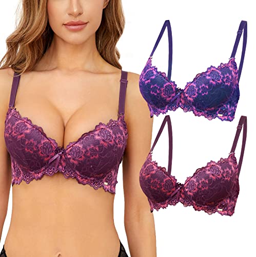 SHEKINI Spitzen-BH für Damen mit Bügel Push Up Bra Feste Polsterung Eleganter Komfort BH Blumen Bestickter Verstellbaren Trägern 2er Pack von SHEKINI