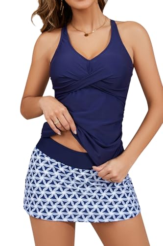 SHEKINI Damen Tankini Set Ruched Bauchweg Slim Zweiteiler Badeanzug Elegant Twisted Tankini Oberteil mit Rock Große Größen Bademode（L，Dunkelblau） von SHEKINI