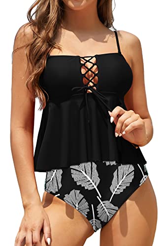 SHEKINI Damen Tankini Set Kreuz Schnürung Raffung Rüschen Tankini Top Zweiteiliger Badeanzug High Waist Gedruckt Bikinihose(L, Schwarz) von SHEKINI