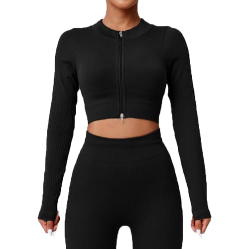 SHEKINI Trainingsanzüge Damen mit Reißverschluss Langarm Sport Set für Fitness Yoga Gerippte Sportanzüge Jogginganzug Bauchfreies Crop Top+Hohe Taille Leggings 2-Teilige Gym Set von SHEKINI