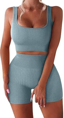 SHEKINI Trainingsanzug Damen Zweiteiler Sommer Jogginganzug Set kurz Sportanzüge Workout Sport Outfit Damen Set Nahtloser Gerippte Abnehmbare Gepolstert BH Top+Shorts Fitness Yoga Gym SHEKINI Trainingsanzug Damen Zweiteiler Sommer Jogginganzug Set kurz Sportanzüge Workout Sport Outfit Damen Set Nahtloser Gerippte Abnehmbare Gepolstert BH Top+Shorts Fitness Yoga Gym von SHEKINI