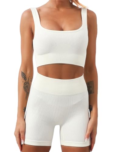 SHEKINI Trainingsanzug Damen Zweiteiler Sommer Jogginganzug Set kurz Sportanzüge Workout Sport Outfit Damen Set Nahtloser Gerippte Abnehmbare Gepolstert BH Top+Shorts Fitness Yoga Gym SHEKINI Trainingsanzug Damen Zweiteiler Sommer Jogginganzug Set kurz Sportanzüge Workout Sport Outfit Damen Set Nahtloser Gerippte Abnehmbare Gepolstert BH Top+Shorts Fitness Yoga Gym von SHEKINI