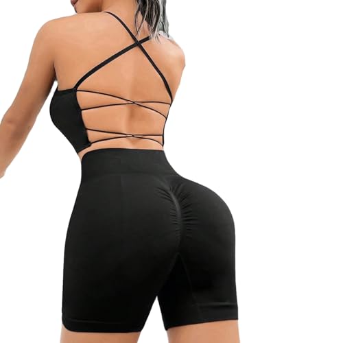 SHEKINI Trainingsanzug Zweiteiler Damen Sommer Gerippt Sportanzüge Jogginganzug Crossback Abnehmbare Gepolstert BH+ Yoga Leggings Sportbekleidung Yoga Workout Outfit Freizeitanzug Sport Set von SHEKINI