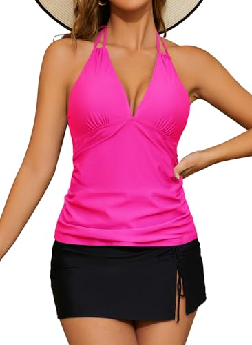 SHEKINI Tummy Control Badeanzug Halter Tankini Top mit Rock Bottom Women's 2 Piece Swimsuits(M,Heißes Pink) von SHEKINI