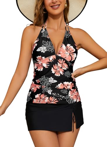 SHEKINI Tummy Control Badeanzug Halter Tankini Top mit Rock Bottom Women's 2 Piece Swimsuits(M,Rosa Blumen) von SHEKINI