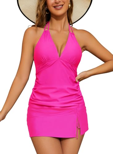 SHEKINI Tummy Control Badeanzug Halter Tankini Top mit Rock Bottom Women's 2 Piece Swimsuits(S,Rosa) von SHEKINI