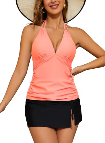 SHEKINI Tummy Control Badeanzug Halter Tankini Top mit Rock Bottom Women's 2 Piece Swimsuits(XXL,Blasses Rosa) von SHEKINI