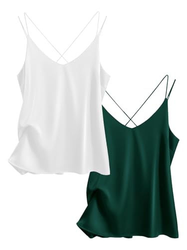 SHEKINI Unterhemden Damen Spaghetti Top Satin V-Ausschnitt Basic Lange Tanks Top Unterhemd Ärmellos Dessous Elegant Spaghettiträger Racerback Camisole 2er Pack von SHEKINI