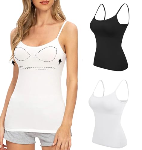 SHEKINI Unterhemden Damen Spaghetti Top mit Integriertem BH Tank Top Unterhemd Verstellbarer Schultergurt Camisole Basic Cami Tanks 2er Pack von SHEKINI