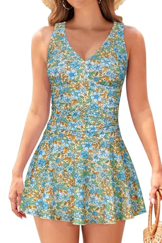 SHEKINI V-Ausschnitt Badeanzug Damen Badekleid Abdomen Kontrolle Bademode Damen Große Größe(M, Grün-Blume) von SHEKINI