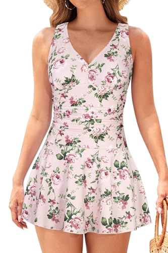 SHEKINI V-Ausschnitt Badeanzug Damen Badekleid Abdomen Kontrolle Bademode Damen Große Größe(M, Rosa-Rose) von SHEKINI