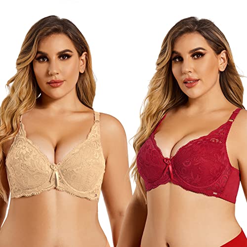 SHEKINI Damen BHS mit Bügel Elegant Spitzen BH Bustier Damen Soft Bra Verstellbaren Träger 2er Pack von SHEKINI