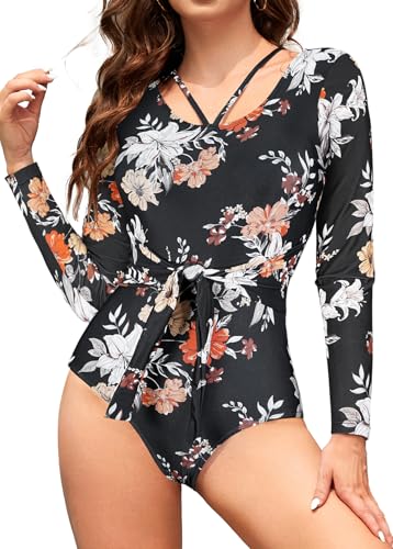 SHEKINI Damen Langarm Einteilige Badeanzüge Rash Guard Slim-Fit Tummy Control Surfanzug Shirt One Piece Bademode Cutout Schwimmshirt（XXL,Weiße Blume） von SHEKINI