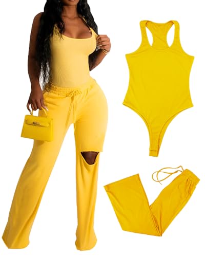 SHEKINI Zweiteiler Damen Elegant Trainingsanzug Lounge Set Rundhals Sommer Sport Outfits Set Hausanzug Lässige Body Tops und Jogginghosen mit Taschen von SHEKINI