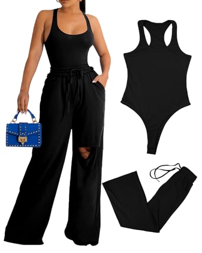 SHEKINI Zweiteiler Damen Elegant Trainingsanzug Lounge Set Rundhals Sommer Sport Outfits Set Hausanzug Lässige Body Tops und Jogginghosen mit Taschen von SHEKINI