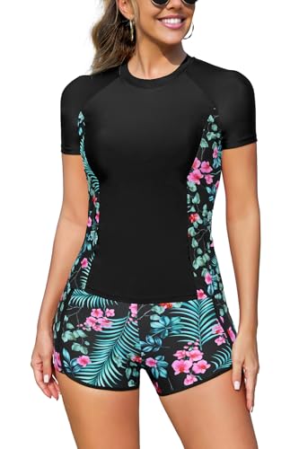 SHEKINI Zweiteiliger Rashguard für Damen Kurzarm Integrierter BH Badeanzug mit Boyshorts Schnell Trocknend UV Schutz Schwimmshirt von SHEKINI
