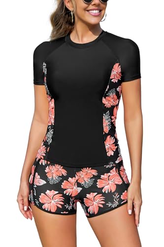 SHEKINI Zweiteiliger Rashguard für Damen Kurzarm Integrierter BH Badeanzug mit Boyshorts Schnell Trocknend UV Schutz Schwimmshirt von SHEKINI