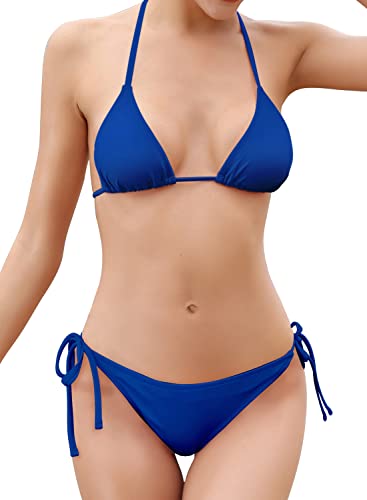 SHEKINI Bikini Damen Set Sexy Klassischer Triangel Rückenfrei Bikinioberteil Verstellbare Zweiteiliger Badeanzug Niedrige Taille Ruched Bikinihose für Frauen（M, Königsblau） von SHEKINI