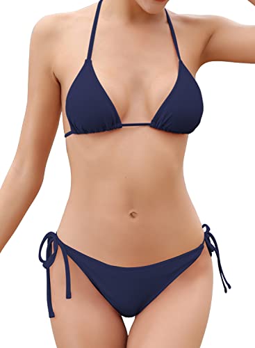 SHEKINI Bikini Damen Set Sexy Klassischer Triangel Rückenfrei Bikinioberteil Verstellbare Zweiteiliger Badeanzug Niedrige Taille Ruched Bikinihose für Frauen（S, Dunkelblau） von SHEKINI