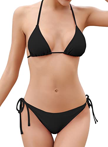 SHEKINI Bikini Damen Set Sexy Klassischer Triangel Rückenfrei Bikinioberteil Verstellbare Zweiteiliger Badeanzug Niedrige Taille Ruched Bikinihose für Frauen（S, Schwarz） von SHEKINI