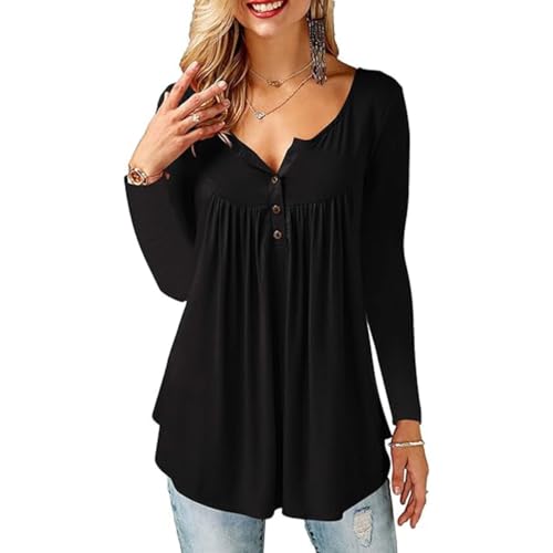 SHEKINI T-Shirt Damen V-Ausschnitt Knopfleiste Bluse Solide Tunika Langarm Tops Oberteil Elegant Locker Longshirt Lässige Blusen von SHEKINI