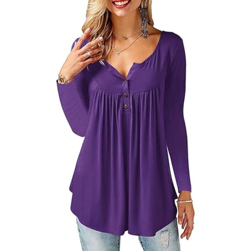 SHEKINI T-Shirt Damen V-Ausschnitt Knopfleiste Bluse Solide Tunika Langarm Tops Oberteil Elegant Locker Longshirt Lässige Blusen von SHEKINI