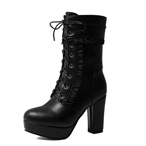 SHEMEE Damen Ankle Boots High Heels Plateau Stiefeletten mit Blockabsatz Schnürung 10cm Absatz Schnürstiefeletten Winter Schuhe(Schwarz,41) von SHEMEE