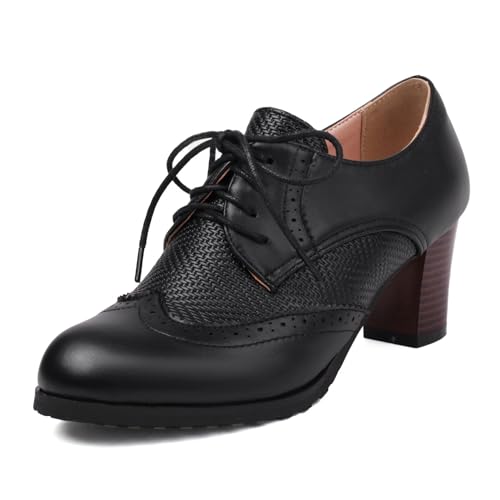 SHEMEE Damen Chunky High Heels Wingtip Oxfords Round Toe Lace Up Stacked Block Heel Vintage Brogues Pumps Schuhe, 02# Schwarz, 38 EU von SHEMEE