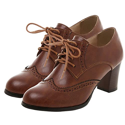SHEMEE Damen Chunky High Heels Wingtip Oxfords Round Toe Lace Up Stacked Block Heel Vintage Brogues Pumps Schuhe, Braun, 38 EU von SHEMEE