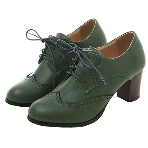 SHEMEE Damen Chunky High Heels Wingtip Oxfords Round Toe Lace Up Stacked Block Heel Vintage Brogues Pumps Schuhe, Grün , 37.5 EU von SHEMEE