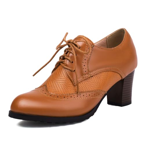 SHEMEE Damen Chunky High Heels Wingtip Oxfords Round Toe Lace Up Stacked Block Heel Vintage Brogues Pumps Schuhe, Helles Braun, 37.5 EU von SHEMEE