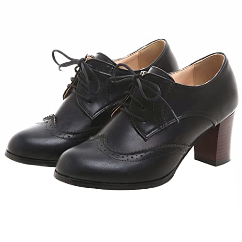 SHEMEE Damen Chunky High Heels Wingtip Oxfords Round Toe Lace Up Stacked Block Heel Vintage Brogues Pumps Schuhe, Schwarz, 41 EU von SHEMEE