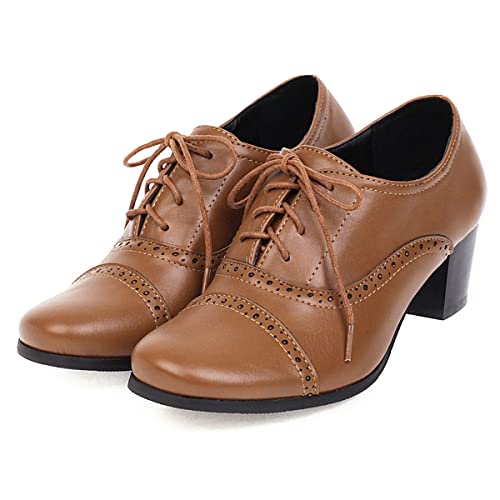 SHEMEE Damen Chunky Lace Up Vintage Oxfords Kleid Pumps Round Toe Block Mid Heels Retro Brogues Schuhe, Braun PU, 37 EU von SHEMEE