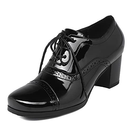 SHEMEE Damen Chunky Lace Up Vintage Oxfords Kleid Pumps Round Toe Block Mid Heels Retro Brogues Schuhe, Schwarz Lack, 41 EU von SHEMEE