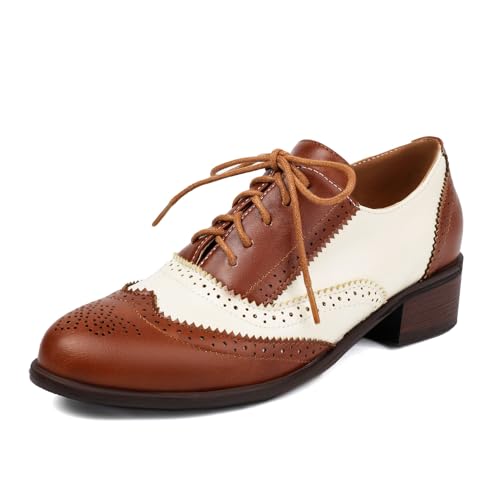 SHEMEE Damen Chunky Low Heels Oxfords Sattelschuhe Creeper Vintage Wingtip Brogues Perforierte Flats Schnürpumps, 103 Brown, 39 EU von SHEMEE