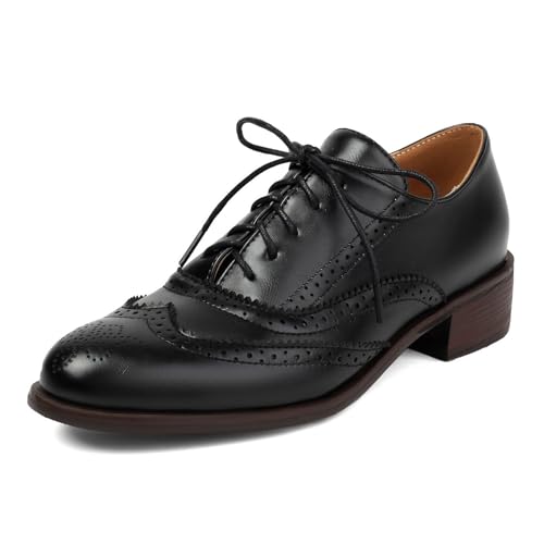 SHEMEE Damen Chunky Low Heels Oxfords Sattelschuhe Creeper Vintage Wingtip Brogues Perforierte Flats Schnürpumps, Schwarz, 41 EU von SHEMEE