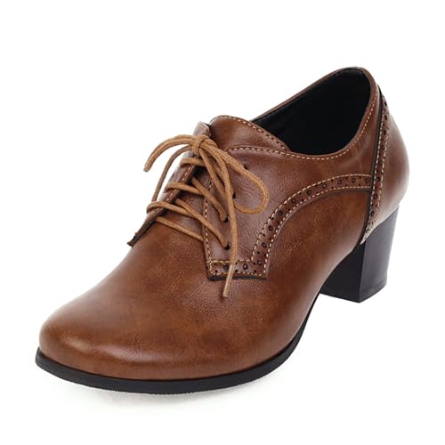 SHEMEE Damen Chunky Mid Heels Oxfords Vintage Runde quadratische Zehenpartie Blockabsatz Brogues Schnürschuhe Arbeit Offic Kleid Schuhe, Braun, 39 EU von SHEMEE