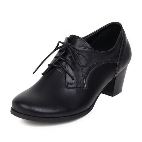 SHEMEE Damen Chunky Mid Heels Oxfords Vintage Runde quadratische Zehenpartie Blockabsatz Brogues Schnürschuhe Arbeit Offic Kleid Schuhe, Schwarz, 38.5 EU von SHEMEE