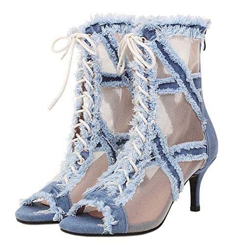 SHEMEE Damen Denim-Patchwork-Mesh Peep-Toe High Heels Sandalen Booties Schnürschuh Sommer Offener Zehenbereich Reißverschluss Kurze Stiefeletten, Blau, 39.5 EU von SHEMEE
