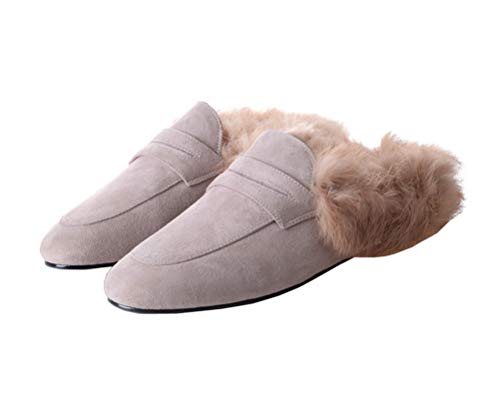 SHEMEE Damen Flache Slingbacks Pantoletten mit Fell Leder Slipper Samt Mules Warm Loafers Schuhe(Grau,40) von SHEMEE