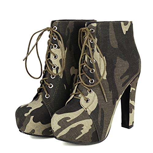 SHEMEE Damen High Heels Ankle Boots Plateau Blockabsatz Stiefeletten mit Schnürung und Absatz Kurzschaft Stiefel Schuhe((Camouflage,37) von SHEMEE