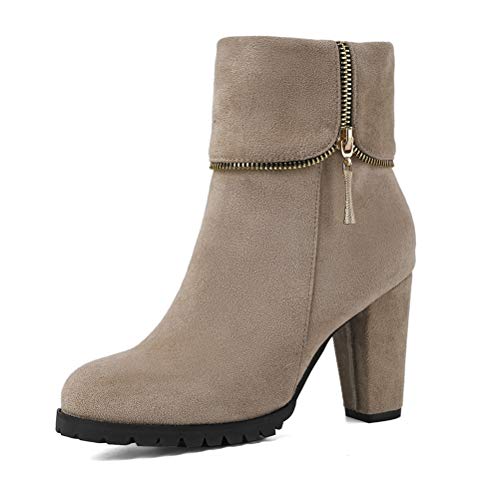 SHEMEE Damen High Heels Ankle Boots Stiefeletten mit Blockabsatz und Reißverschluss 9cm Absatz Winter Schuhe(Beige,35) von SHEMEE